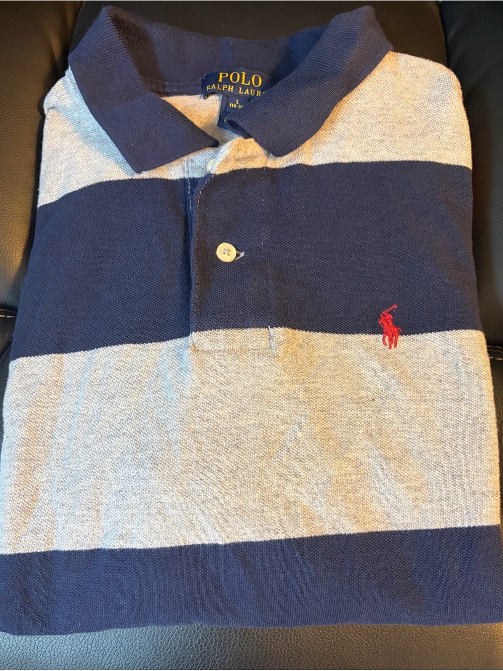 Polo by Ralph Lauren Men’s Navy and Light Gray Striped Rugby Sweater